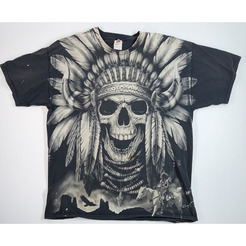 Skull Native American Headdress Graphic T Shirt XL All Over Print Biker